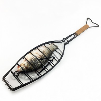 New Portable Black Iron Fish Barbecue Charcoal Grill Fish Shape  with Wooden Handle